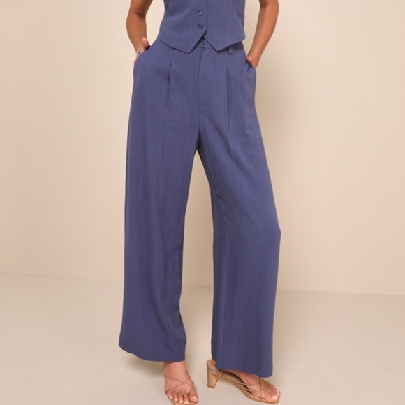 Lulus Pants - Lulus Suits You Perfectly Dark Blue Linen Wide-leg Pants - Size M